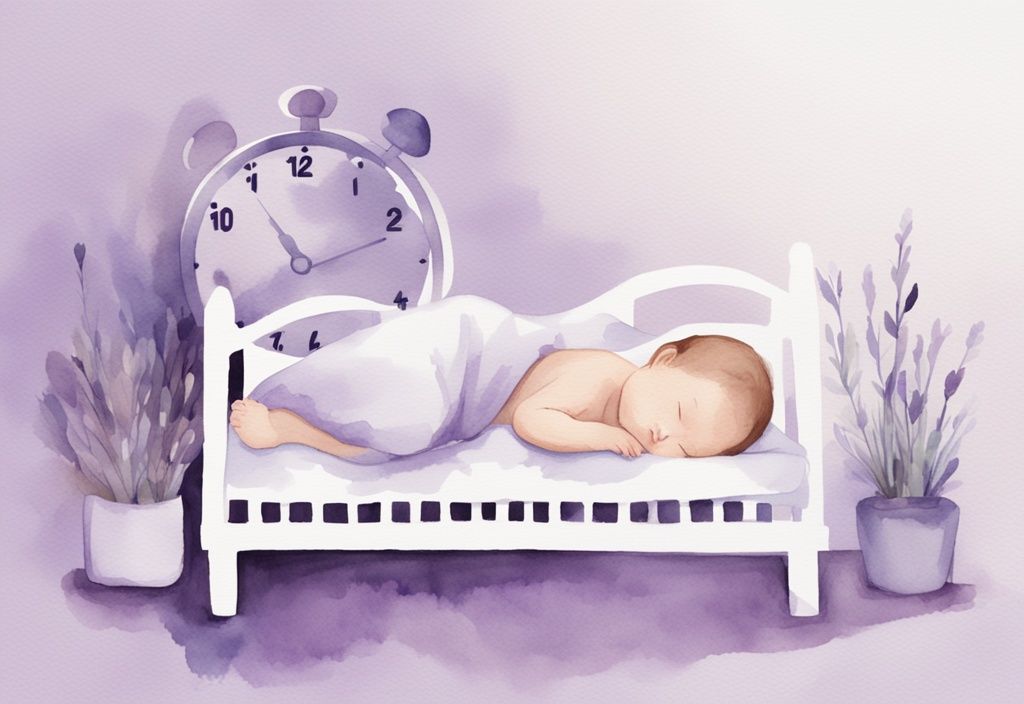 Illustrazione minimalista ad acquerello di un neonato che dorme accanto a un orologio digitale che indica 16 ore, tema colore lavanda.