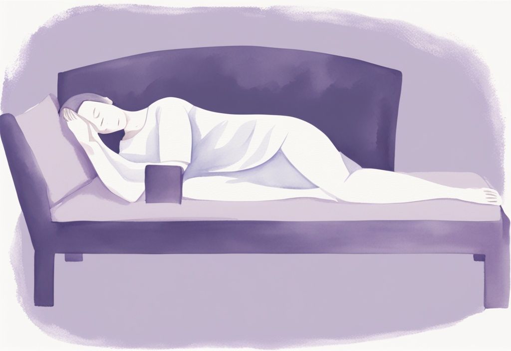 Illustrazione acquerello minimalista di una persona che dorme su un fianco con un cuscino tra le gambe, postura consigliata per alleviare la contrattura del trapezio, colori lavanda.