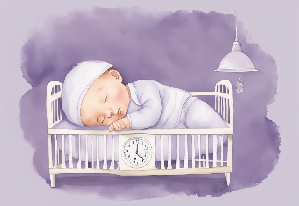 Illustrazione minimalista ad acquerello di un neonato di 2 mesi che dorme in una culla con un orologio che indica varie ore di sonno, tema di colore lavanda.