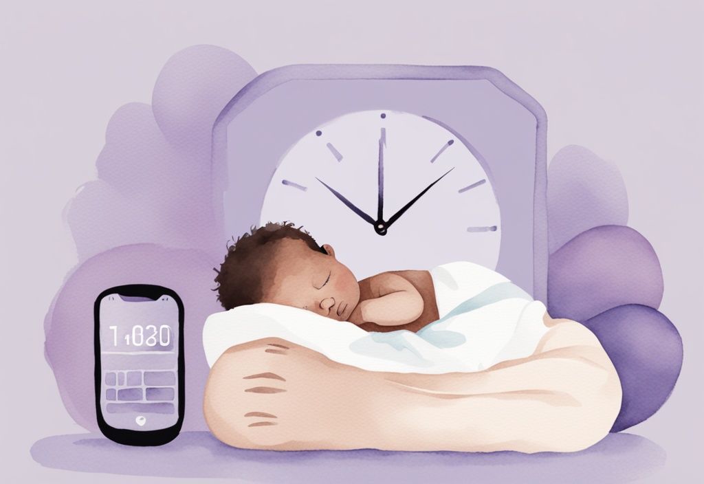 Illustrazione minimalista ad acquerello di un neonato che dorme accanto a un orologio digitale che indica 16 ore, tema colore lavanda.