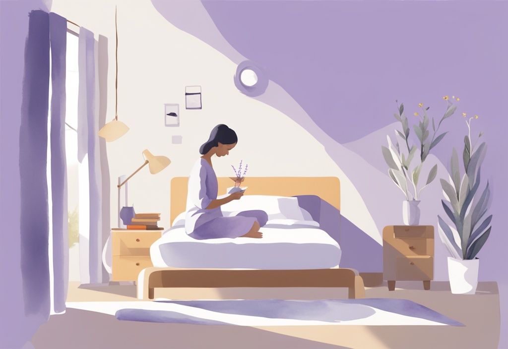 Illustrazione minimalista ad acquerello di una tranquilla camera da letto con una persona che pratica una routine serale rilassante, leggendo un libro, sorseggiando tè alla camomilla e facendo leggeri esercizi di yoga.