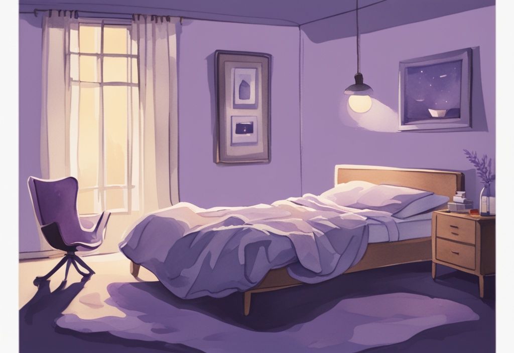 Illustrazione minimalista ad acquerello di una camera da letto serena con tema lavanda, persona che dorme tranquillamente, luce notturna confortante e sveglia che mostra un'ora tarda, come dormire tutta la notte senza svegliarsi.