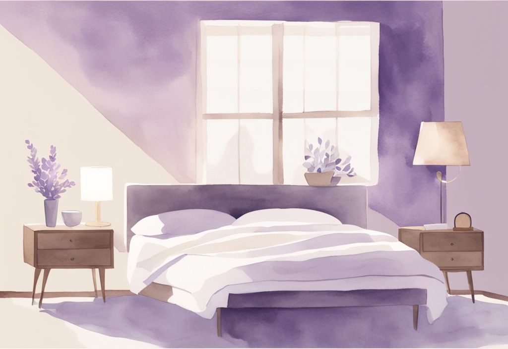 Illustrazione minimalista ad acquerello di una camera da letto tranquilla con tema lavanda, persona che dorme serenamente su un letto comodo, sveglia che segna il primo mattino e raggio di sole che illumina la stanza, come dormire bene e svegliarsi riposati.