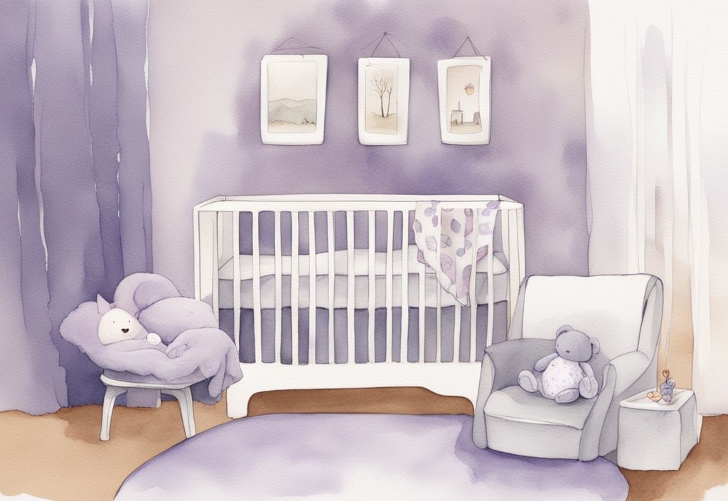 Illustrazione minimalista ad acquerello di una scena di nursery pacifica con un neonato che dorme in una culla sicura e confortevole, circondato da morbide coperte e peluche, ideale per dove far dormire un neonato.