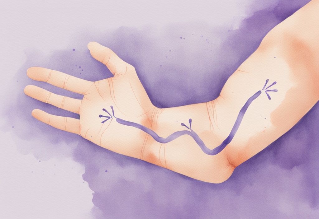 Illustrazione minimalista ad acquerello in tema lavanda che mostra una persona che dorme sulla schiena con le braccia aperte per evitare pressione sul nervo ulnare, con diagramma che evidenzia la posizione e il percorso del nervo ulnare nel braccio - nervo ulnare come dormire.