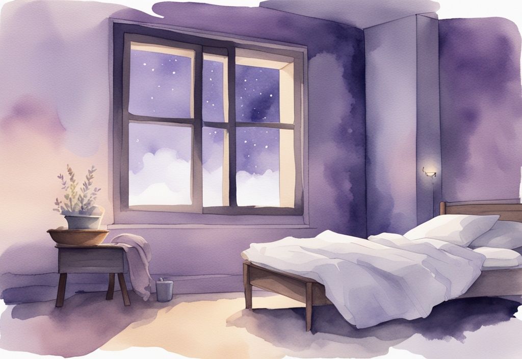 Illustrazione minimalista ad acquerello di una camera da letto serena di notte con tema colore lavanda, luce della luna che entra dalla finestra illuminando una persona con gli occhi chiusi sdraiata comodamente su un letto, trasmettendo calma e tranquillità.