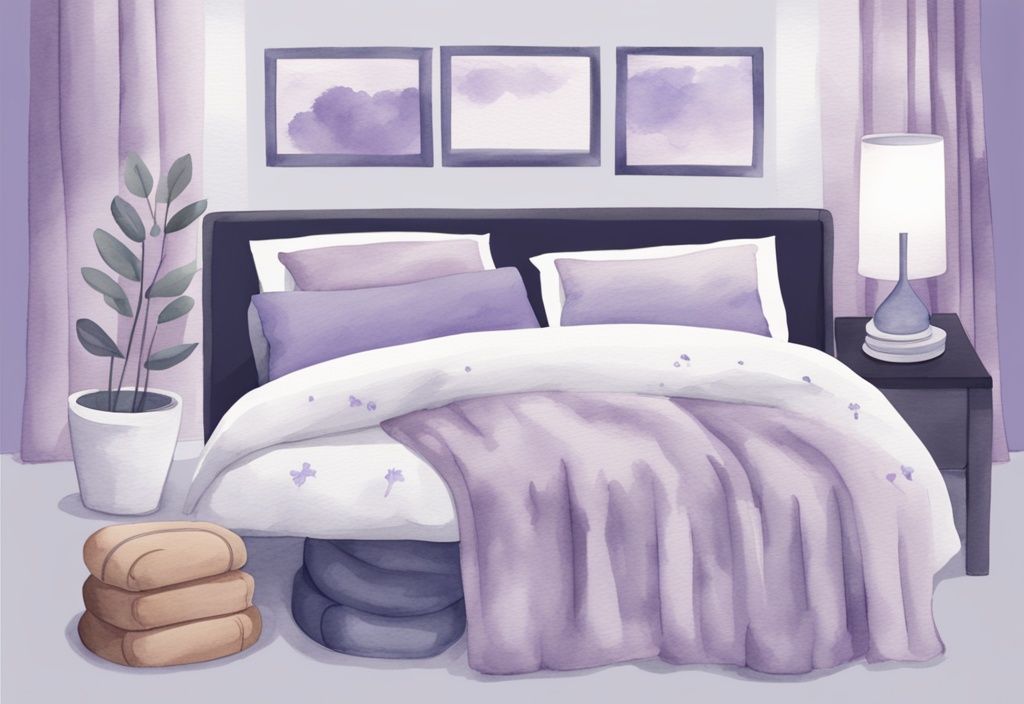 Illustrazione minimalista ad acquerello con tema lavanda che mostra cosa prendere per dormire: cuscino comodo, coperta morbida, tende oscuranti, tappi per le orecchie e maschera per dormire.