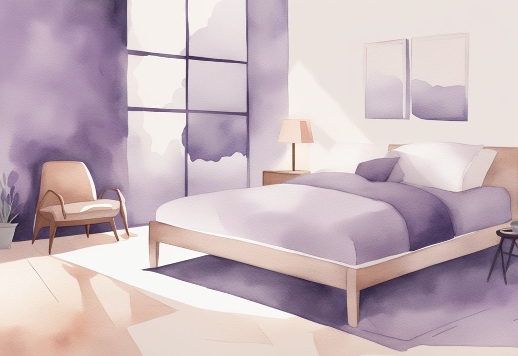 Illustrazione minimalista ad acquerello di una camera da letto tranquilla con tema lavanda, letto confortevole con cuscini morbidi e persona che dorme profondamente, come dormire bene.