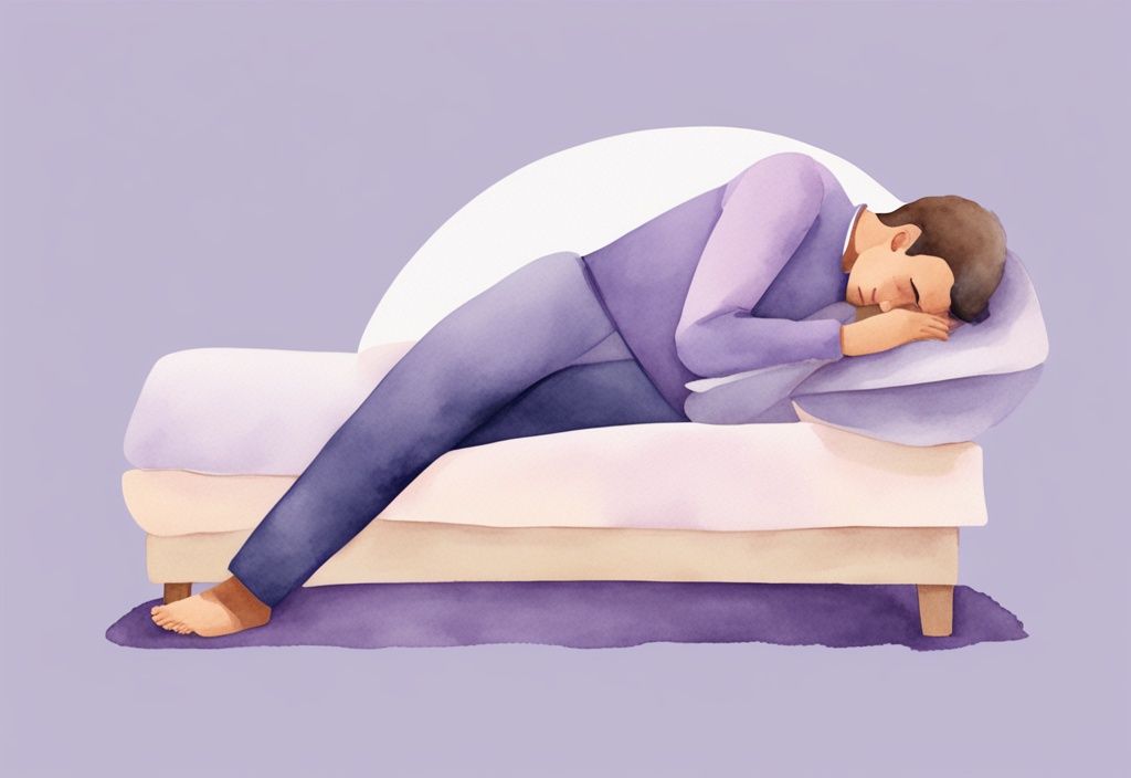 Illustrazione minimalista ad acquerello di un uomo con torcicollo che dorme comodamente con l'uso di cuscini di supporto, tema colore lavanda