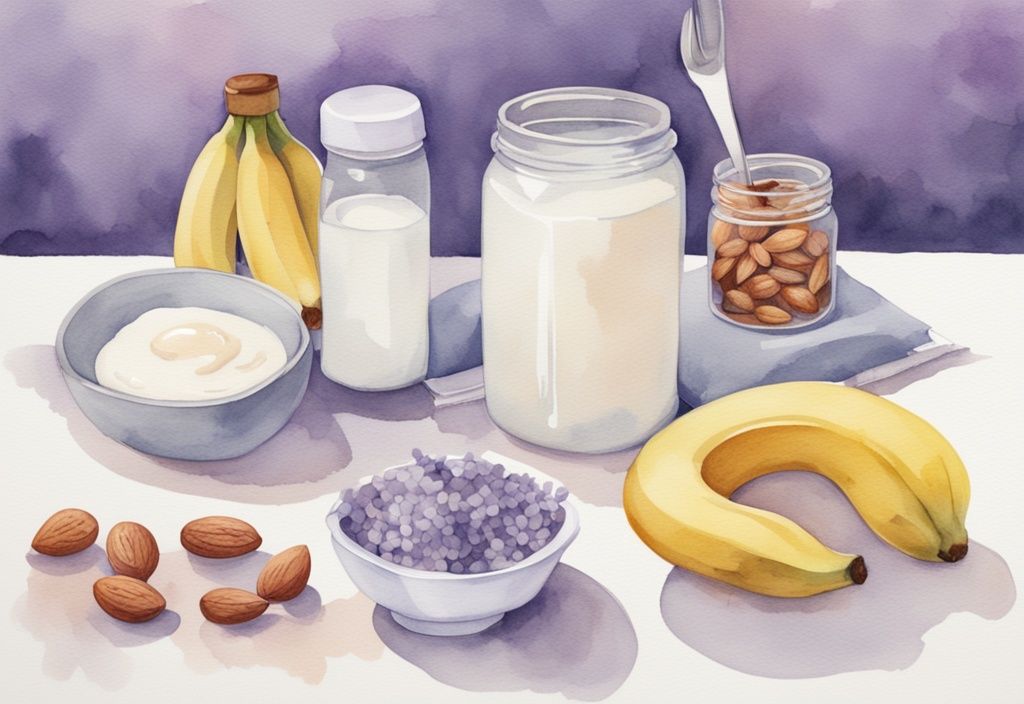 Illustrazione minimalista ad acquerello di cibi sani come mandorle, banane e yogurt su un bancone da cucina, ideale per cosa mangiare prima di dormire.