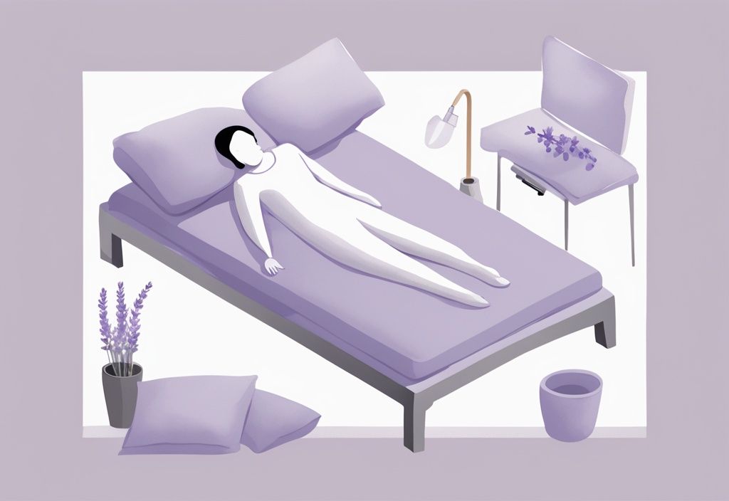 Illustrazione minimalista ad acquerello di una persona con sciatica che dorme comodamente in posizioni consigliate con accessori da letto come cuscini e supporti, tema colore lavanda