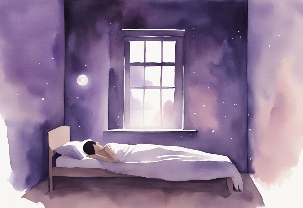 Illustrazione minimalista ad acquerello di una persona che dorme pacificamente in una stanza buia e tranquilla, illuminata dalla luce della luna, tema principale lavanda.