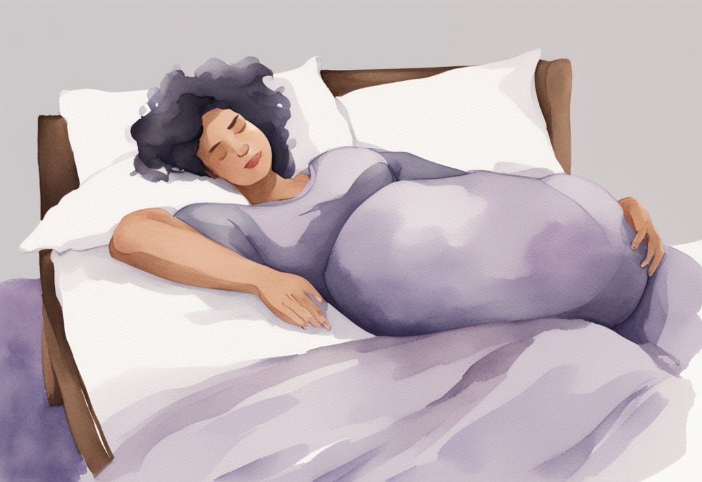 Illustrazione minimalista ad acquerello di una donna incinta che dorme serenamente su un fianco, con un cuscino per allattamento tra le ginocchia per supporto e comfort, tema colore lavanda.