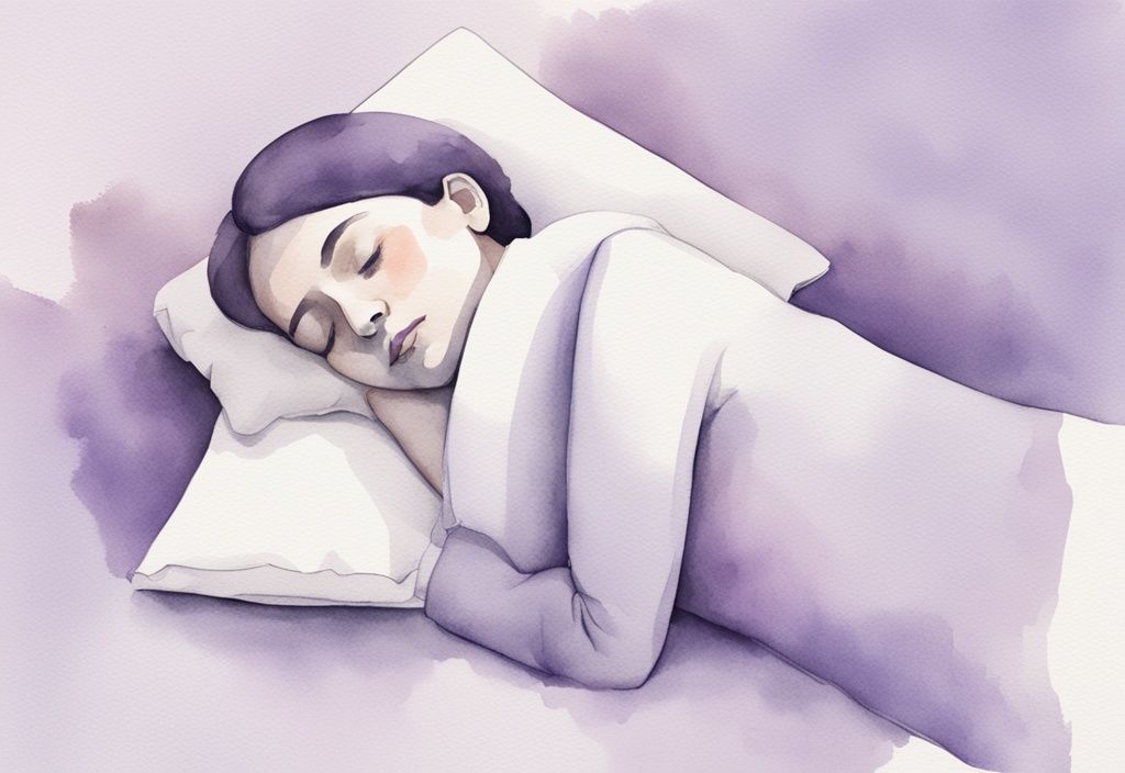 Illustrazione minimalista ad acquerello con tema lavanda che mostra una persona con torcicollo come dormire comodamente con un cuscino cervicale di supporto.