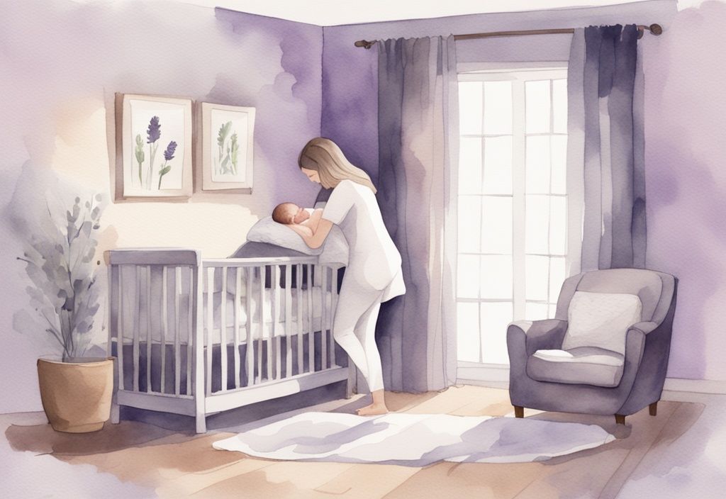 Illustrazione minimalista ad acquerello che mostra una madre che culla il suo neonato addormentato in una nursery accogliente e poco illuminata, con il tema del colore lavanda, ideale per suggerimenti su come far dormire un neonato.