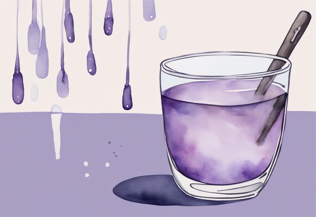 Illustrazione minimalista ad acquerello con tema lavanda, mano che tiene un contagocce di Serenase sopra un bicchiere d'acqua, sfondo rilassante adatto al sonno.