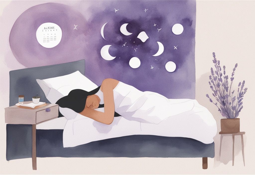 Illustrazione minimalista ad acquerello di una donna che dorme con un calendario e fasi lunari sul comodino, suggerendo la correlazione tra ciclo mestruale e sonno, come dormire per far venire il ciclo.