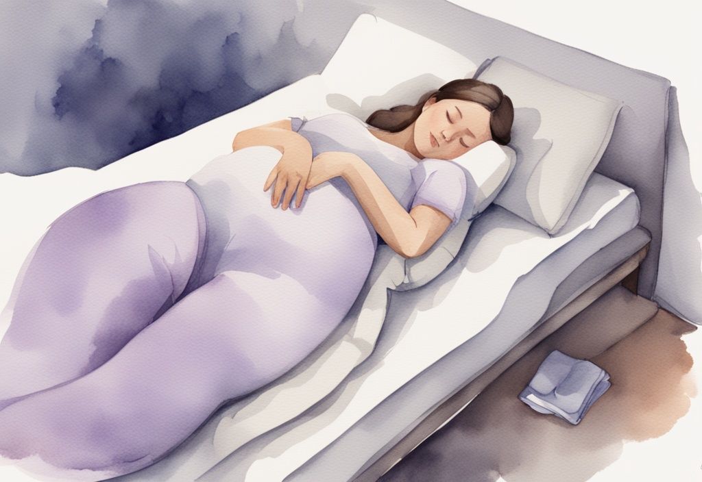 Illustrazione minimalista ad acquerello di una donna incinta che dorme sul fianco con un cuscino per allattamento tra le ginocchia per supporto e comfort, tema colore lavanda.