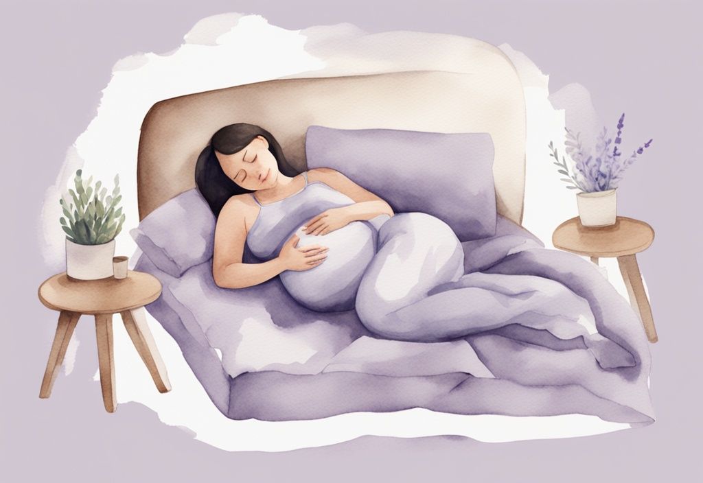 Illustrazione minimalista ad acquerello di una donna incinta in posizione comoda per dormire, circondata da cuscini per supporto e relax, minaccia di aborto come dormire.