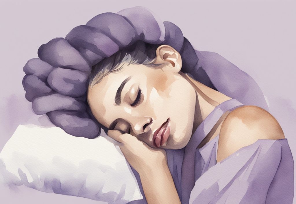 Illustrazione minimalista ad acquerello di una donna con i capelli legati in un comodo chignon per dormire, tema colore lavanda, come legare i capelli per dormire.