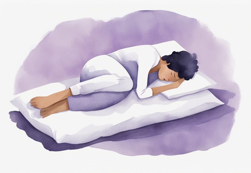 Illustrazione minimalista ad acquerello di una persona che dorme su un fianco con un cuscino tra le ginocchia e un cuscino morbido sotto il collo, dimostrando la posizione ottimale per la condizione di iperlordosi lombare, tema color lavanda.