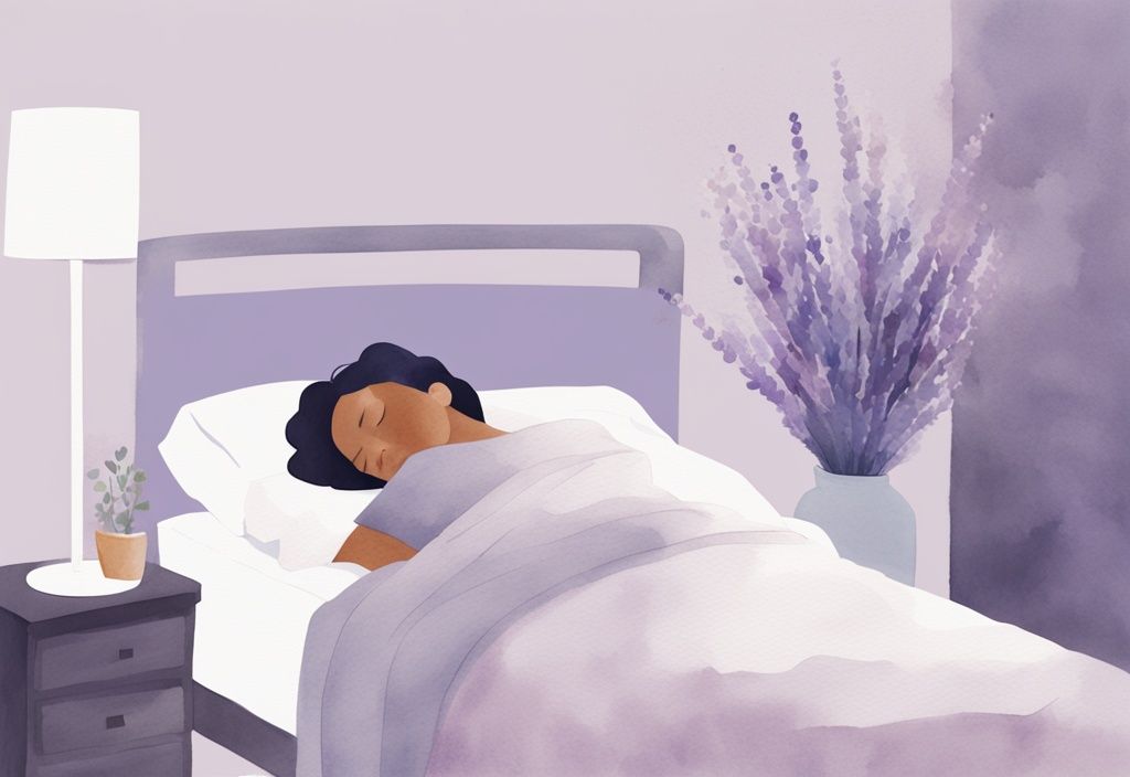 Illustrazione minimalista ad acquerello di una persona che dorme pacificamente con un umidificatore sul comodino, tema colore lavanda