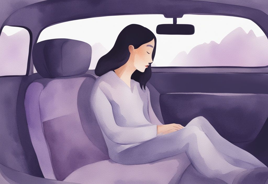 Illustrazione minimalista ad acquerello di una persona che dorme tranquillamente sul sedile posteriore di un'auto con un piccolo cuscino per il collo, luci soffuse e ambiente silenzioso, evidenziando il comfort e la tranquillità. Parole chiave: come dormire in macchina.