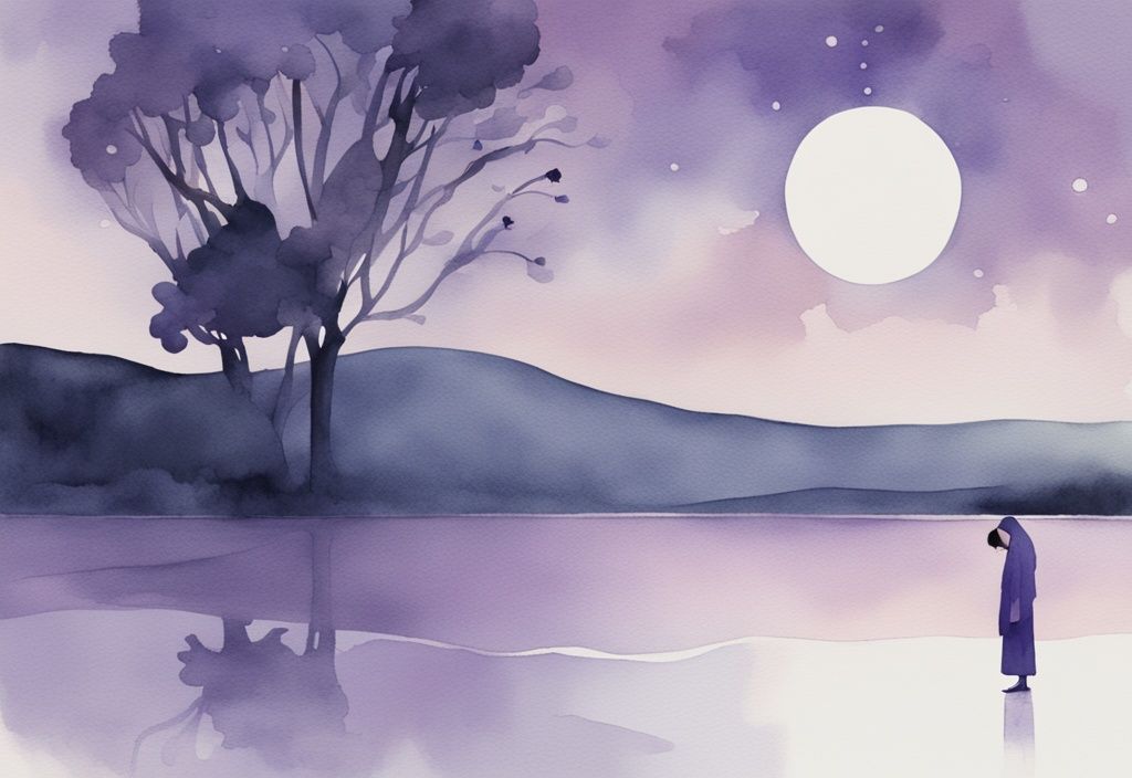 Illustrazione minimalista ad acquerello con tema color lavanda, contagocce con liquido Lexotan che cade su uno sfondo notturno sereno illuminando una figura dormiente.