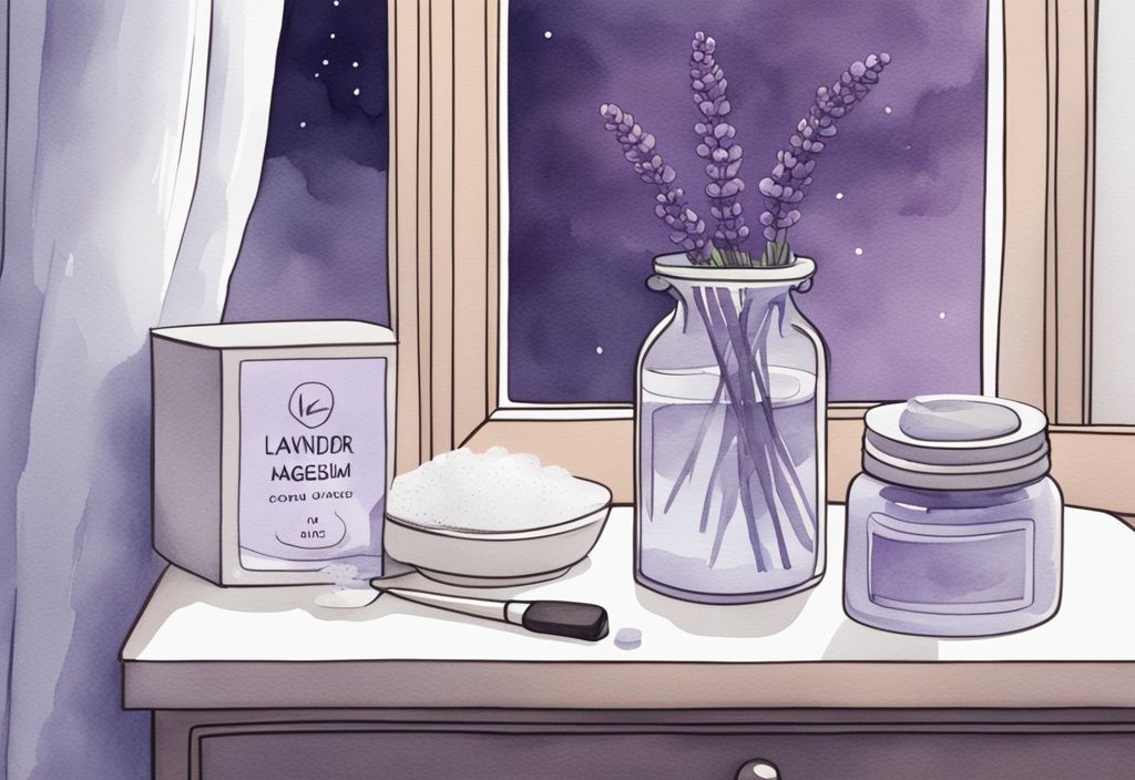 Illustrazione minimalista ad acquerello con tema lavanda, vari tipi di integratori di magnesio su un comodino con sfondo notturno sereno visibile dalla finestra, quale magnesio per dormire.