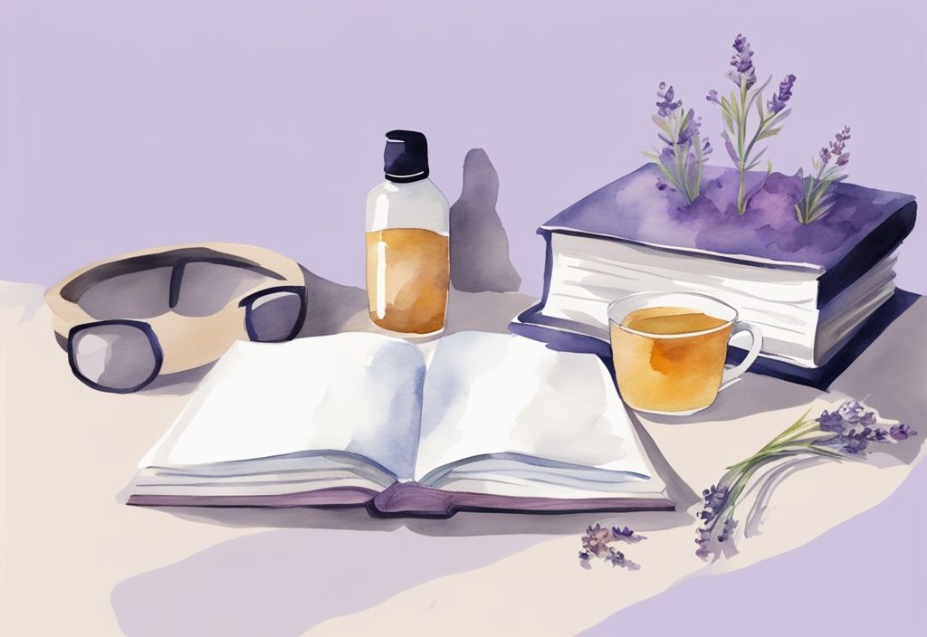 Illustrazione minimalista ad acquerello di un comodino con bottiglia di melatonina, maschera per dormire, tazza di tè alla camomilla e libro, tema colore lavanda.