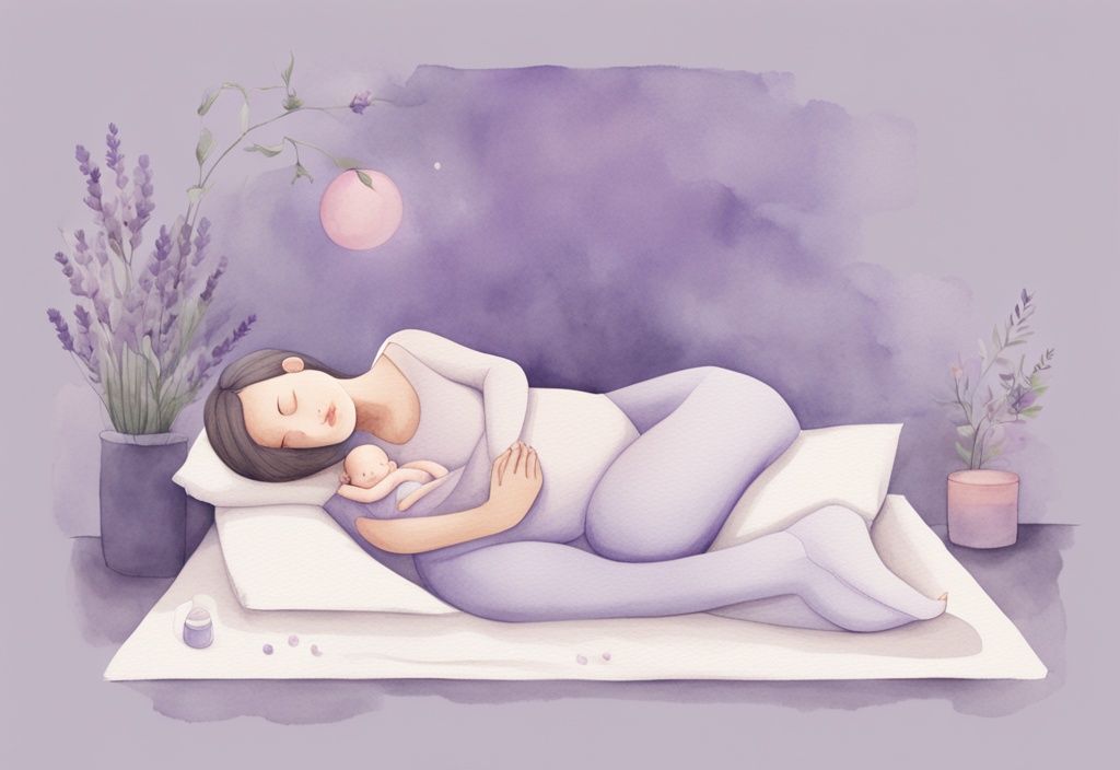 Illustrazione minimalista ad acquerello di una donna incinta che dorme sul fianco sinistro con un cuscino tra le ginocchia per supporto, insieme a un diagramma di un bambino nell'utero con la placenta evidenziata in una tonalità delicata - placenta come dormire in gravidanza.