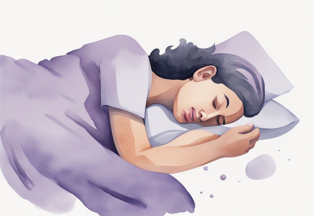 Illustrazione minimalista ad acquerello con tema lavanda, persona che dorme di lato con cuscino cervicale per alleviare i sintomi della cervicobrachialgia, cervicobrachialgia come dormire.