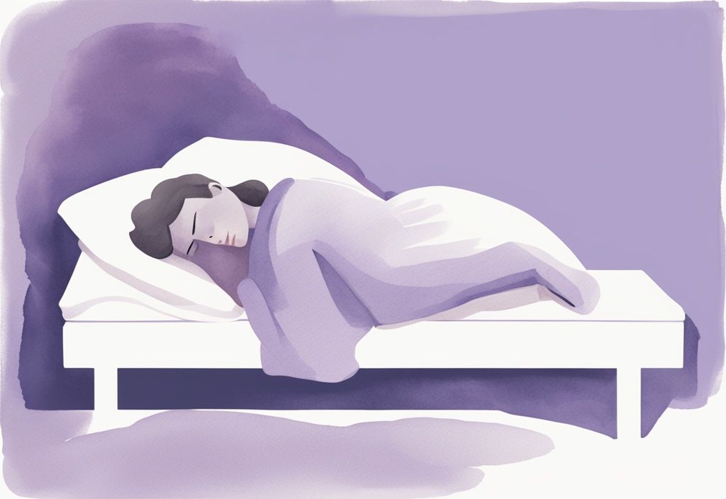 Illustrazione minimalista ad acquerello di una persona che dorme su un fianco con un cuscino tra le ginocchia, dimostrando la posizione ottimale per il recupero da una frattura del coccige, con tema principale color lavanda.