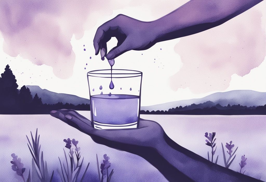 Illustrazione minimalista ad acquerello con tema lavanda, una mano con contagocce di Serenase, rilasciando gocce in un bicchiere d'acqua, sfondo notturno calmante; quante gocce di serenase per dormire.