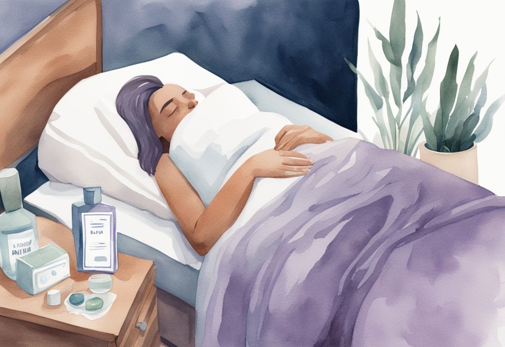 Illustrazione minimalista ad acquerello di una donna che dorme serenamente su un fianco con un bicchiere d'acqua e una scatola di medicinali da banco per il sollievo della cistite sul comodino, tema colore lavanda.