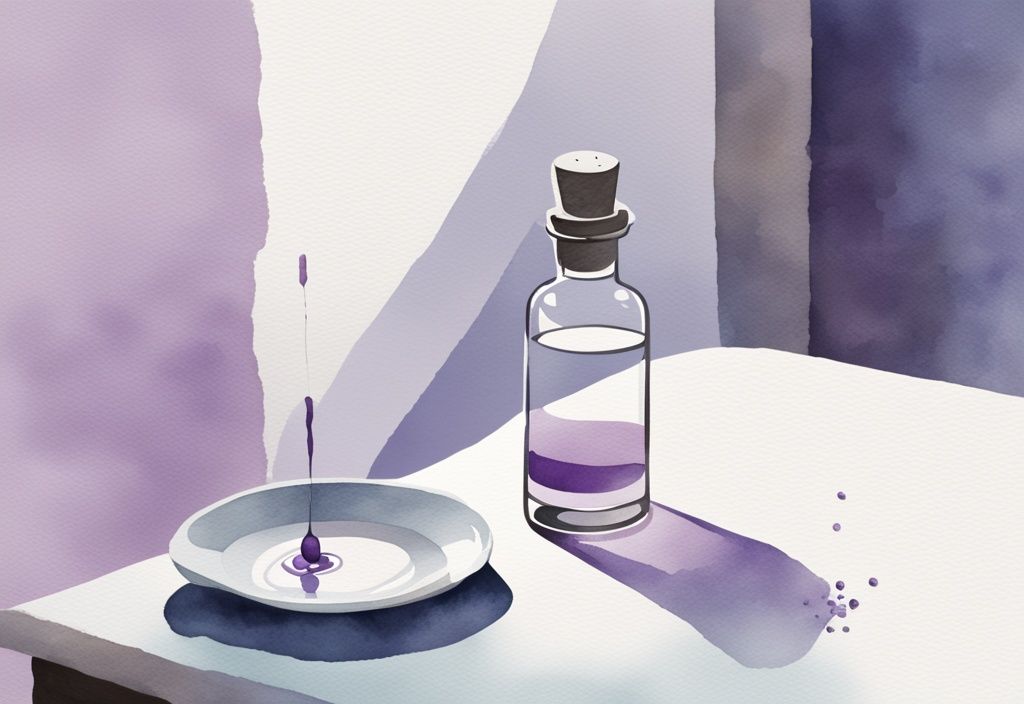 Illustrazione minimalista ad acquerello con contagocce di Rivotril sopra un bicchiere d'acqua vicino a una persona che dorme pacificamente su un comodino, tema colore lavanda.