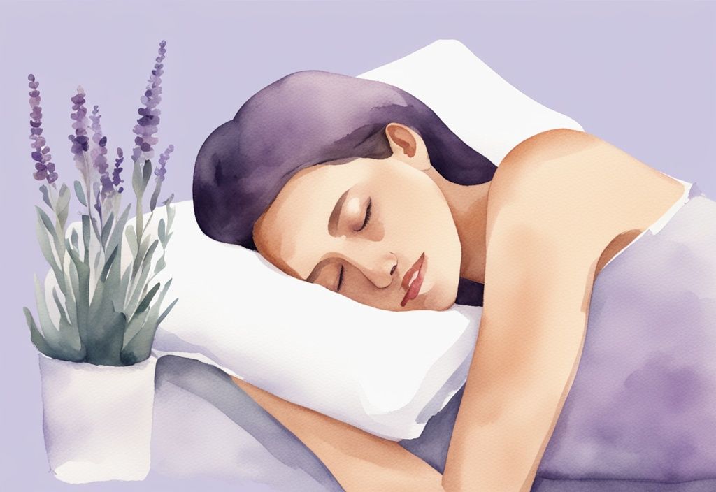 Illustrazione minimalista ad acquerello con tema lavanda, persona che dorme di lato con un cuscino cervicale per alleviare i sintomi della cervicobrachialgia come dormire.