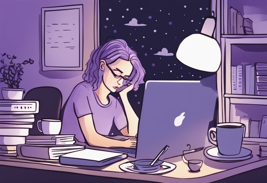 Illustrazione minimalista ad acquerello di una persona al lavoro di notte con tazze di caffè, libri e schermo del laptop illuminato, tema colore lavanda.