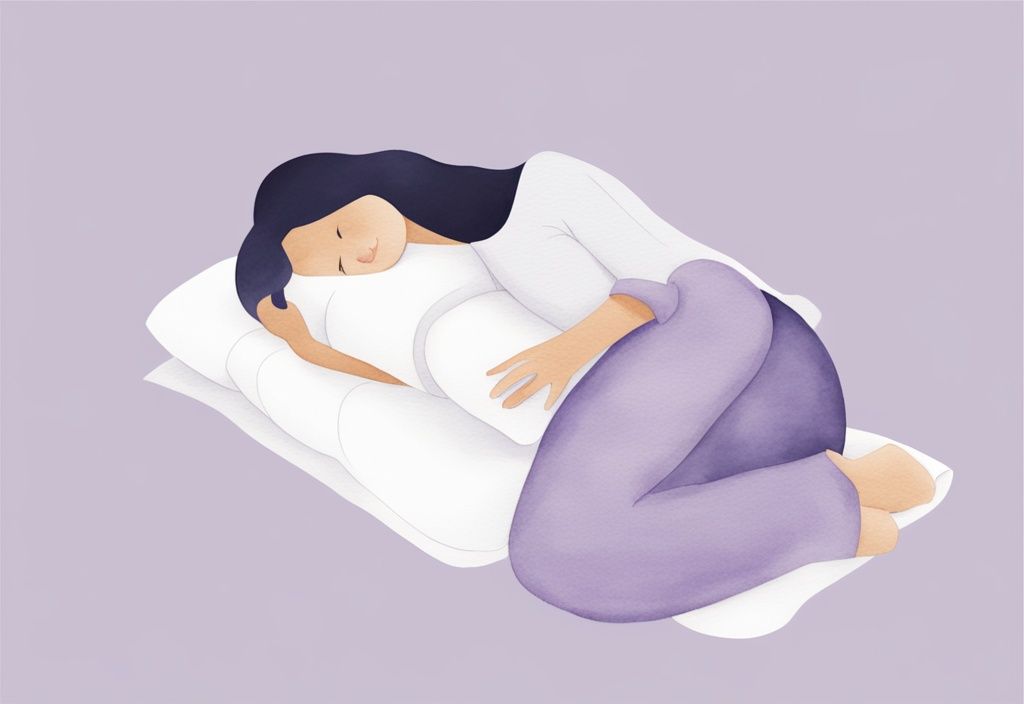 illustrazione minimalista ad acquerello di una persona che dorme su un fianco con un cuscino cervicale che sostiene il collo e la colonna vertebrale, tema colore lavanda