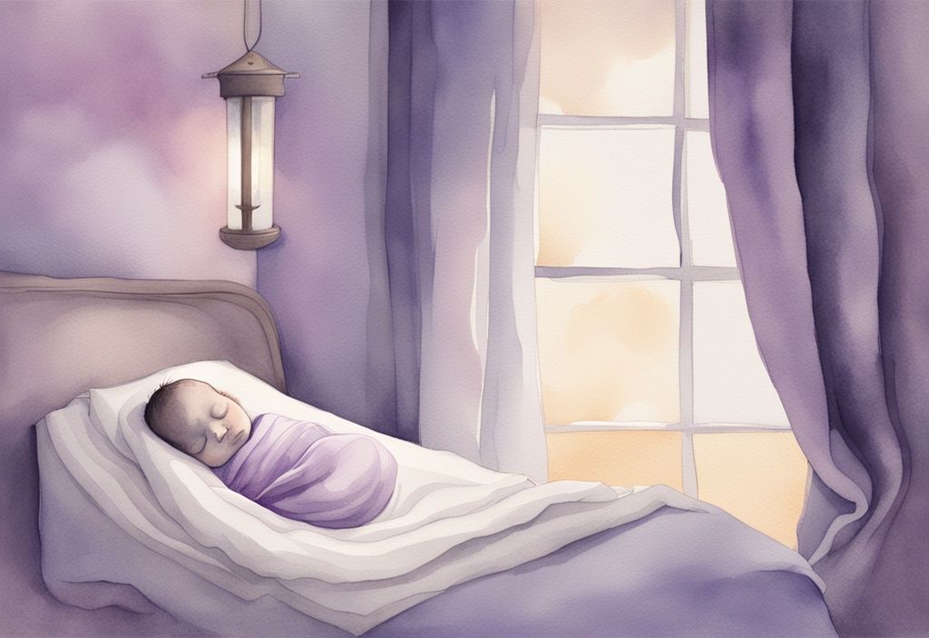 Illustrazione minimalista ad acquerello di un neonato addormentato avvolto in morbide coperte, con tema colore lavanda, in una stanza con umidificatore.