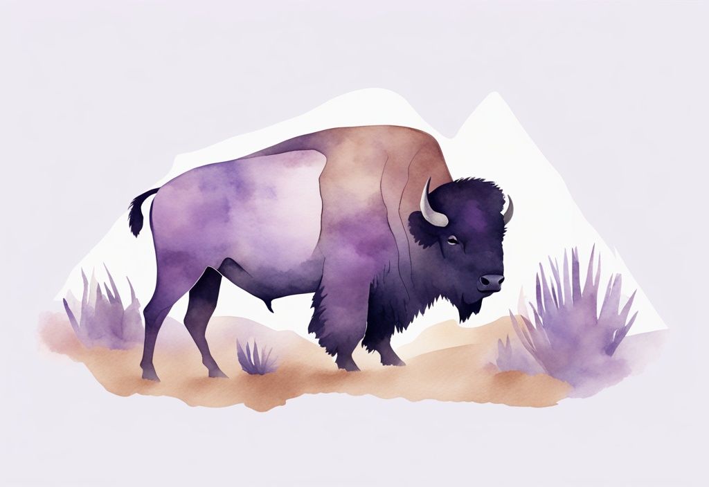 Illustrazione acquerello minimalista di un bisonte con gobba del bisonte come dormire, addormentato pacificamente in un ambiente naturale, con tema colore lavanda.