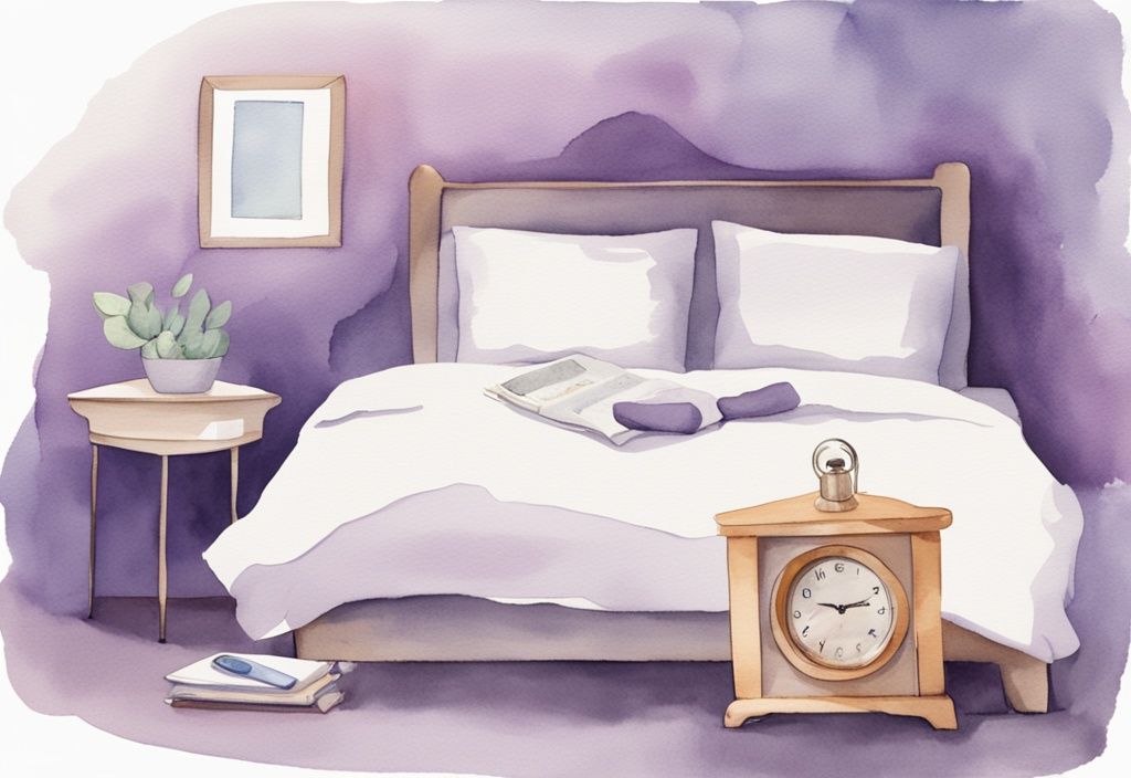 Illustrazione minimalista ad acquerello di una camera da letto serena con letto comodo, maschera per dormire, bicchiere di latte caldo sul comodino e sveglia che segna l'alba, suggerendo un riposo tranquillo