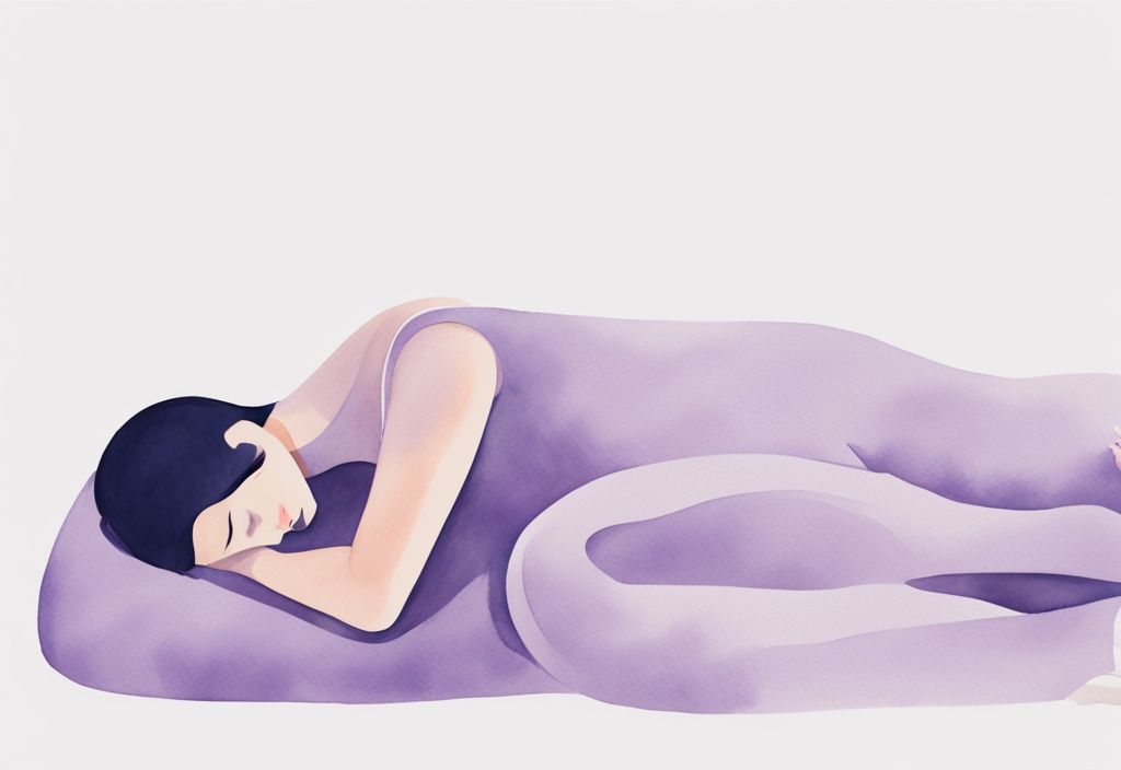 Illustrazione minimalista ad acquerello di una persona che dorme su un fianco con un cuscino di supporto per il collo, evidenziando la posizione ottimale per la salute cervicale come dormire.