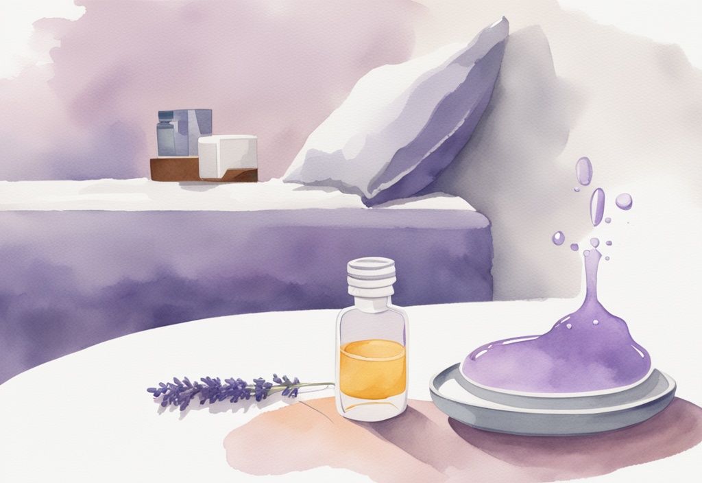 Illustrazione minimalista acquerello con contagocce di Rivotril su bicchiere d'acqua accanto a persona che dorme serenamente su un comodino, tema colore lavanda